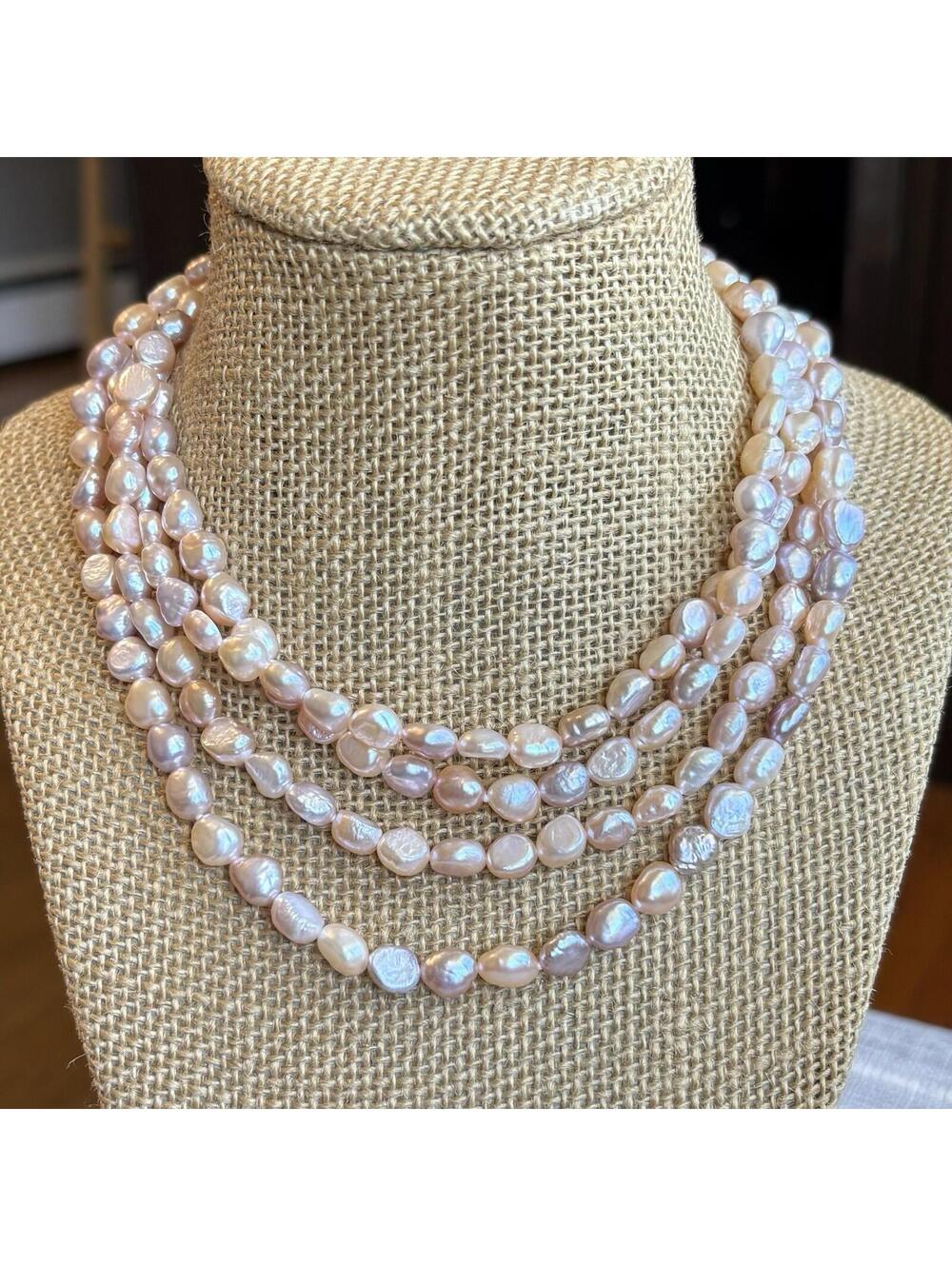 Vintage Long Baroque Freshwater Pearl Necklace Pink Lavender Iridescent